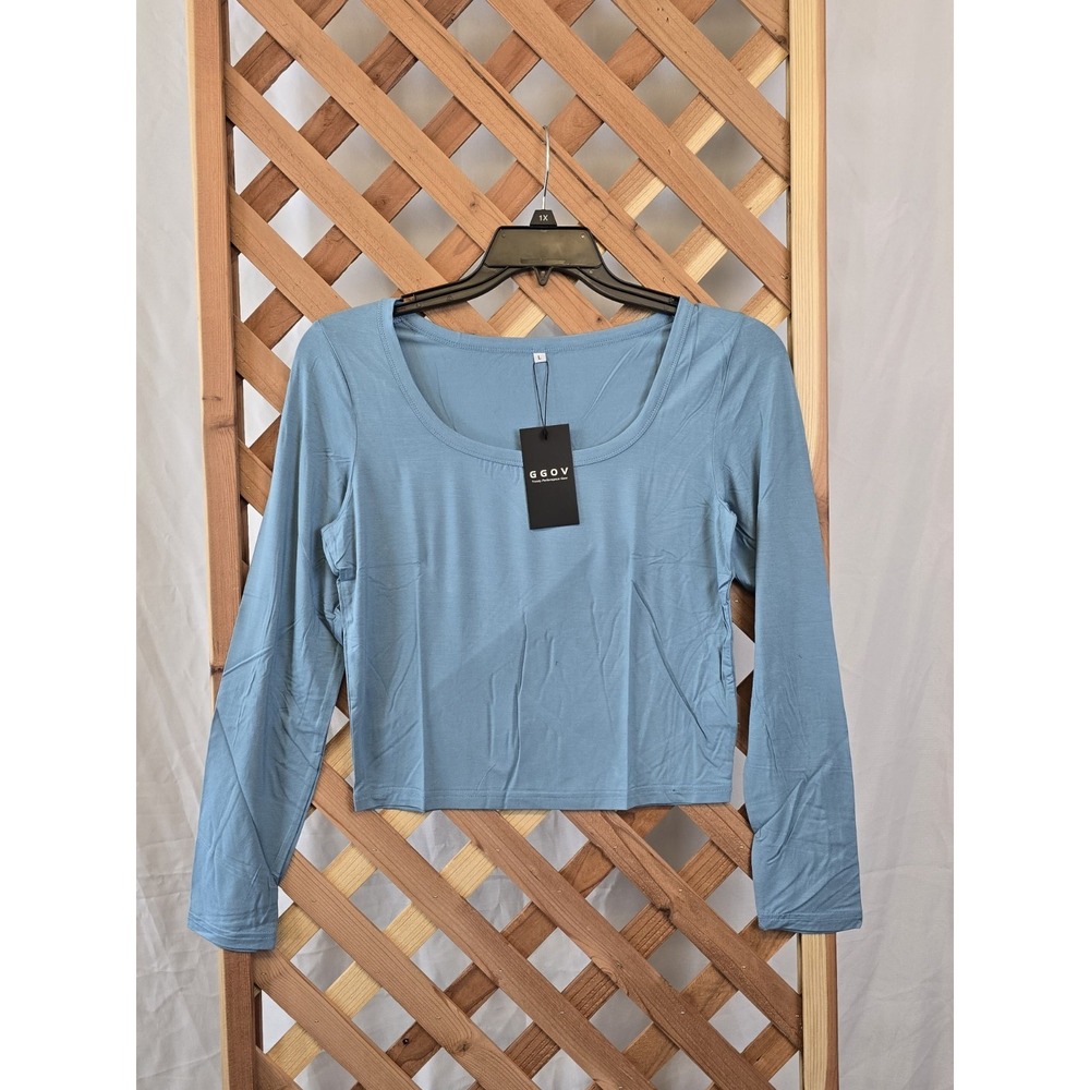 NWT GGOV Womens Long Sleeve Crop Top Square‎ Crewneck Top - Light Blue - Size L